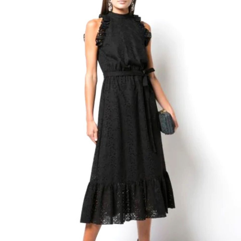 Robert Rodriguez Black Bohemian Scarlett Midi Dress with Ruffles & Eyelets